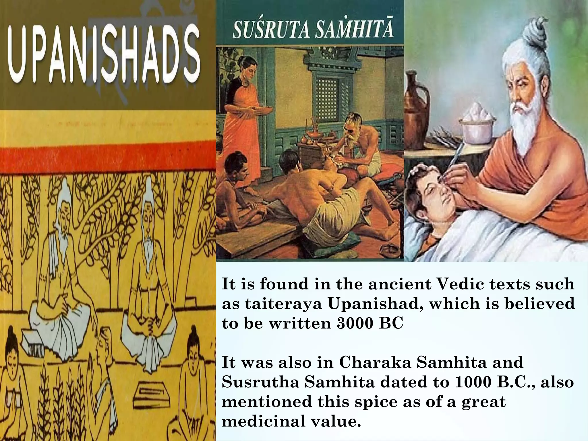 It is found in the ancient Vedic texts such
as taiteraya Upanishad, which is believed
to be written 3000 BC
It was also in Charaka Samhita and
Susrutha Samhita dated to 1000 B.C., also
mentioned this spice as of a great
medicinal value.
 