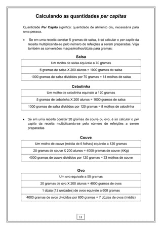Calculando as quantidades per capitas

Quantidade Per Capita significa: quantidade de alimento cru, necessária para
uma pessoa.

     Se em uma receita constar 5 gramas de salsa, é só calcular o per capita da
     receita multiplicando-se pelo número de refeições a serem preparadas. Veja
     também as conversões maços/molhos/dúzia para gramas:

                                     Salsa
                    Um molho de salsa equivale a 70 gramas

            5 gramas de salsa X 200 alunos = 1000 gramas de salsa

       1000 gramas de salsa divididos por 70 gramas = 14 molhos de salsa


                                  Cebolinha
                 Um molho de cebolinha equivale a 120 gramas

          5 gramas de cebolinha X 200 alunos = 1000 gramas de salsa

     1000 gramas de salsa divididos por 120 gramas = 8 molhos de cebolinha


   Se em uma receita constar 20 gramas de couve ou ovo, é só calcular o per
    capita da receita multiplicando-se pelo número de refeições a serem
    preparadas


                                        Couve
         Um molho de couve (média de 6 folhas) equivale a 120 gramas

        20 gramas de couve X 200 alunos = 4000 gramas de couve (4Kg)

     4000 gramas de couve divididos por 120 gramas = 33 molhos de couve



                                      Ovo
                          Um ovo equivale a 50 gramas

             20 gramas de ovo X 200 alunos = 4000 gramas de ovos

              1 dúzia (12 unidades) de ovos equivale a 600 gramas

    4000 gramas de ovos divididos por 600 gramas = 7 dúzias de ovos (média)




                                       13
 