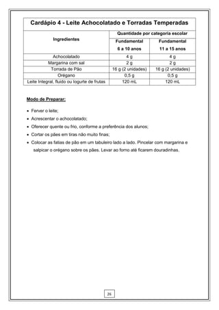 Cardápio 4 - Leite Achocolatado e Torradas Temperadas
                                                     Quantidade por categoria escolar
              Ingredientes                          Fundamental         Fundamental
                                                     6 a 10 anos        11 a 15 anos
              Achocolatado                                4g                  4g
           Margarina com sal                              2g                  2g
             Torrada de Pão                        16 g (2 unidades)   16 g (2 unidades)
                  Orégano                                0,5 g               0,5 g
Leite Integral, fluido ou Iogurte de frutas             120 mL              120 mL


Modo de Preparar:

 Ferver o leite;
 Acrescentar o achocolatado;
 Oferecer quente ou frio, conforme a preferência dos alunos;
 Cortar os pães em tiras não muito finas;
 Colocar as fatias de pão em um tabuleiro lado a lado. Pincelar com margarina e
   salpicar o orégano sobre os pães. Levar ao forno até ficarem douradinhas.




                                              26
 