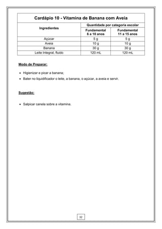 Cardápio 10 - Vitamina de Banana com Aveia
                                                Quantidade por categoria escolar
               Ingredientes
                                                Fundamental            Fundamental
                                                 6 a 10 anos           11 a 15 anos
                   Açúcar                             5g                    5g
                    Aveia                            10 g                  10 g
                   Banana                            30 g                  30 g
            Leite Integral, fluido                 120 mL                 120 mL


Modo de Preparar:

 Higienizar e picar a banana;
 Bater no liquidificador o leite, a banana, o açúcar, a aveia e servir.



Sugestão:


 Salpicar canela sobre a vitamina.




                                           32
 