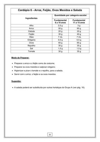 Cardápio 6 - Arroz, Feijão, Ovos Mexidos e Salada
                                               Quantidade por categoria escolar:
               Ingredientes
                                               Fundamental         Fundamental
                                                6 a 10 anos        11 a 15 anos
                   Alho                             2,5 g               3g
                  Arroz                             50 g               60 g
                 Cebola                             20 g               20 g
                  Feijão                            30 g               40 g
                   Óleo                             7 mL               7 mL
                 Orégano                            0,5 g              0,5 g
                  Ovos                              65 g               65 g
                 Repolho                            30 g               35 g
                   Sal                              1,5 g              1,5 g
                 Tomate                             30 g               35 g


Modo de Preparar:

 Preparar o arroz e o feijão como de costume;
 Preparar os ovos mexidos e salpicar orégano;
 Higienizar e picar o tomate e o repolho, para a salada;
 Servir com o arroz, o feijão e os ovos mexidos.


Sugestão:


 A salada poderá ser substituída por outras hortaliças do Grupo A (ver pág. 16).




                                         39
 
