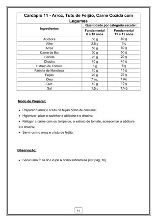 Cardápio 11 - Arroz, Tutu de Feijão, Carne Cozida com
                          Legumes
                                                Quantidade por categoria escolar:
               Ingredientes
                                                Fundamental       Fundamental
                                                 6 a 10 anos      11 a 15 anos
                 Abóbora                           50 g               50 g
                   Alho                            2,5 g               3g
                   Arroz                           50 g               60 g
               Carne de Boi                        50 g               50 g
                  Cebola                           20 g               20 g
                 Chuchu                            40 g               45 g
            Extrato de Tomate                       5g                 5g
           Farinha de Mandioca                     10 g               15 g
                  Feijão                           20 g               25 g
                   Óleo                            7 mL               7 mL
                   Ovo                             10 g               10 g
                    Sal                            1,5 g              1,5 g



Modo de Preparar:

 Preparar o arroz e o tutu de feijão como de costume;
 Higienizar, picar e cozinhar a abóbora e o chuchu;
 Refogar a carne com os temperos, o extrato de tomate, acrescentar a abóbora
e o chuchu;
 Servir com o arroz e o tutu de feijão.




Observação:


 Servir uma fruta do Grupo A como sobremesa (ver pág. 16).




                                           44
 