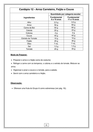 Cardápio 12 - Arroz Carreteiro, Feijão e Couve
                                               Quantidade por categoria escolar:
               Ingredientes                    Fundamental       Fundamental
                                                6 a 10 anos      11 a 15 anos
                   Alho                            2,5 g             3,0 g
                   Arroz                           50 g              60 g
              Carne de Boi                         50 g              60 g
                  Cebola                           20 g              25 g
                 Colorau                            2g                2g
                  Couve                            40 g              45 g
            Extrato de Tomate                      10 g              10 g
                  Feijão                           25 g              30 g
                   Óleo                            7 mL              7 mL
                    Sal                            1,5 g             1,5 g
                 Tomate                            25 g              35 g


Modo de Preparar:

 Preparar o arroz e o feijão como de costume;
 Refogar a carne com os temperos, o colorau e o extrato de tomate. Misturar ao
arroz;
 Higienizar e picar a couve e o tomate, para a salada;
 Servir com o arroz carreteiro e o feijão.




Observação:

  Oferecer uma fruta do Grupo A como sobremesa (ver pág. 16).




                                          45
 