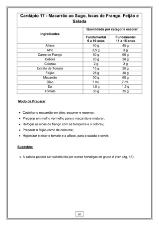 Cardápio 17 - Macarrão ao Sugo, Iscas de Frango, Feijão e
                          Salada
                                                Quantidade por categoria escolar:
               Ingredientes
                                                Fundamental         Fundamental
                                                 6 a 10 anos        11 a 15 anos
                   Alface                            40 g               45 g
                    Alho                             2,5 g               3g
             Carne de Frango                         50 g               60 g
                   Cebola                            20 g               20 g
                  Colorau                             2g                 3g
             Extrato de Tomate                       15 g               20 g
                   Feijão                            25 g               30 g
                 Macarrão                            50 g               60 g
                    Óleo                             7 mL               7 mL
                     Sal                             1,5 g              1,5 g
                  Tomate                             30 g               35 g


Modo de Preparar


 Cozinhar o macarrão em óleo, escorrer e reservar;
 Preparar um molho vermelho para o macarrão e misturar;
 Refogar as iscas de frango com os temperos e o colorau;
 Preparar o feijão como de costume;
 Higienizar e picar o tomate e a alface, para a salada e servir.


Sugestão:


  A salada poderá ser substituída por outras hortaliças do grupo A (ver pág. 16).




                                          50
 