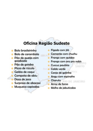 Oficina Região Sudeste
o Bolo brasileirinho    o   Fígado com jiló
o Bolo de carambola     o   Camarão com chuchu
o Pão de queijo com     o   Frango com quiabo
  goiabada              o   Frango com ora pro nobis
o Pão de goiaba         o   Cuscuz paulista
o Pizza de rúcula       o   Caldo verde
o Geléia de caq
  Ge é a     caqui      o   Canja de galinha
o Compota de abiu       o   Angu com espinafre
o Doce de jaca
           j            o   Charuto
o Surpresa de abacaxi   o   Arroz de forno
o Muqueca capixaba
     q         p        o   Molho de jabuticaba
 