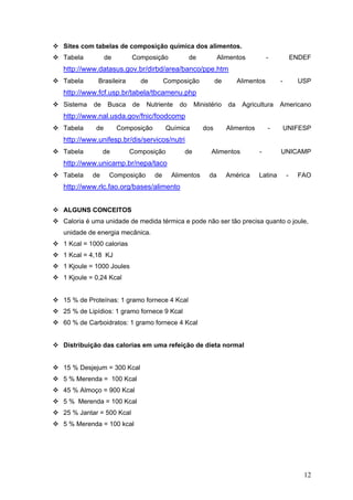 12
Sites com tabelas de composição química dos alimentos.
Tabela de Composição de Alimentos - ENDEF
http://www.datasus.gov.br/dirbd/area/banco/ppe.htm
Tabela Brasileira de Composição de Alimentos - USP
http://www.fcf.usp.br/tabela/tbcamenu.php
Sistema de Busca de Nutriente do Ministério da Agricultura Americano
http://www.nal.usda.gov/fnic/foodcomp
Tabela de Composição Química dos Alimentos - UNIFESP
http://www.unifesp.br/dis/servicos/nutri
Tabela de Composição de Alimentos - UNICAMP
http://www.unicamp.br/nepa/taco
Tabela de Composição de Alimentos da América Latina - FAO
http://www.rlc.fao.org/bases/alimento
ALGUNS CONCEITOS
Caloria é uma unidade de medida térmica e pode não ser tão precisa quanto o joule,
unidade de energia mecânica.
1 Kcal = 1000 calorias
1 Kcal = 4,18 KJ
1 Kjoule = 1000 Joules
1 Kjoule = 0,24 Kcal
15 % de Proteínas: 1 gramo fornece 4 Kcal
25 % de Lipídios: 1 gramo fornece 9 Kcal
60 % de Carboidratos: 1 gramo fornece 4 Kcal
Distribuição das calorias em uma refeição de dieta normal
15 % Desjejum = 300 Kcal
5 % Merenda = 100 Kcal
45 % Almoço = 900 Kcal
5 % Merenda = 100 Kcal
25 % Jantar = 500 Kcal
5 % Merenda = 100 kcal
 