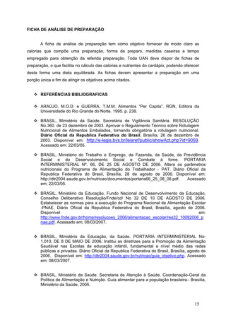 15
FICHA DE ANÁLISE DE PREPARAÇÃO
A ficha de análise de preparação tem como objetivo fornecer de modo claro as
calorias que compõe uma preparação, forma de preparo, medidas caseiras e tempo
empregado para obtenção da referida preparação. Toda UAN deve dispor de fichas de
preparação, o que facilita no cálculo das calorias e nutrientes do cardápio, podendo oferecer
desta forma uma dieta equilibrada. As fichas devem apresentar a preparação em uma
porção única a fim de atingir os objetivos acima citados.
REFERÊNCIAS BIBLIOGRAFICAS
ARAÚJO, M.O.D. e GUERRA, T.M.M. Alimentos “Per Capita”. RGN, Editora da
Universidade do Rio Grande do Norte. 1995. p. 238.
BRASIL, Ministério da Saúde. Secretária de Vigilância Sanitária. RESOLUÇÃO
No.360. de 23 dezembro de 2003. Aprovar o Regulamento Técnico sobre Rotulagem
Nutricional de Alimentos Embalados, tornando obrigatória a rotulagem nutricional.
Diário Oficial da Republica Federativa do Brasil, Brasília, 26 de dezembro de
2003. Disponível em: http://e-legis.bvs.br/leisref/public/showAct.php?id=9059.
Acessado em: 22/03/05.
BRASIL, Ministério do Trabalho e Emprego, da Fazenda, da Saúde, da Previdência
Social e do Desenvolvimento Social e Combate à fome. PORTARIA
INTERMINISTERIAL Nº. 66, DE 25 DE AGOSTO DE 2006. Altera os parâmetros
nutricionais do Programa de Alimentação do Trabalhador - PAT. Diário Oficial da
Republica Federativa do Brasil, Brasília, 28 de agosto de 2006. Disponível em:
http://dtr2004.saude.gov.br/nutricao/documentos/portaria66_25_08_06.pdf. Acessado
em; 22/03/05.
BRASIL, Ministério da Educação, Fundo Nacional de Desenvolvimento da Educação,
Conselho Deliberativo Resolução/Fnde/cd/ No 32 DE 10 DE AGOSTO DE 2006.
Estabelecer as normas para a execução do Programa Nacional de Alimentação Escolar
-PNAE. Diário Oficial da Republica Federativa do Brasil, Brasília, agosto de 2006.
Disponível em:
http://www.fnde.gov.br/home/resolucoes_2006/alimentacao_escolar/res32_10082006_p
nae.pdf. Acessado em; 08/03/2007.
BRASIL, Ministério da Educação, da Saúde. PORTARIA INTERMINISTERIAL No-
1.010, DE 8 DE MAIO DE 2006, Institui as diretrizes para a Promoção da Alimentação
Saudável nas Escolas de educação infantil, fundamental e nível médio das redes
públicas e privadas. Diário Oficial da Republica Federativa do Brasil, Brasília, agosto de
2006. Disponível em: http://dtr2004.saude.gov.br/nutricao/guia_objetivo.php. Acessado
em: 08/03/2007.
BRASIL, Ministério da Saúde. Secretaria de Atenção à Saúde. Coordenação-Geral da
Política de Alimentação e Nutrição. Guia alimentar para a população brasileira– Brasília,
Ministério da Saúde, 2005.
 