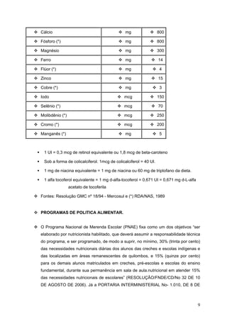 9
Cálcio mg 800
Fósforo (*) mg 800
Magnésio mg 300
Ferro mg 14
Flúor (*) mg 4
Zinco mg 15
Cobre (*) mg 3
Iodo mcg 150
Selênio (*) mcg 70
Molibdênio (*) mcg 250
Cromo (*) mcg 200
Manganês (*) mg 5
1 UI = 0,3 mcg de retinol equivalente ou 1,8 mcg de beta-caroteno
Sob a forma de colicalciferol. 1mcg de colicalciferol = 40 UI.
1 mg de niacina equivalente = 1 mg de niacina ou 60 mg de triptofano da dieta.
1 alfa tocoferol equivalente = 1 mg d-alfa-tocoferol = 0,671 UI = 0,671 mg d-L-alfa
acetato de tocoferila
Fontes: Resolução GMC nº 18/94 - Mercosul e (*) RDA/NAS, 1989
PROGRAMAS DE POLITICA ALIMENTAR.
O Programa Nacional de Merenda Escolar (PNAE) fixa como um dos objetivos “ser
elaborado por nutricionista habilitado, que deverá assumir a responsabilidade técnica
do programa, e ser programado, de modo a suprir, no mínimo, 30% (trinta por cento)
das necessidades nutricionais diárias dos alunos das creches e escolas indígenas e
das localizadas em áreas remanescentes de quilombos, e 15% (quinze por cento)
para os demais alunos matriculados em creches, pré-escolas e escolas do ensino
fundamental, durante sua permanência em sala de aula.nutricional em atender 15%
das necessidades nutricionais de escolares” (RESOLUÇÃO/FNDE/CD/No 32 DE 10
DE AGOSTO DE 2006). Já a PORTARIA INTERMINISTERIAL No- 1.010, DE 8 DE
 