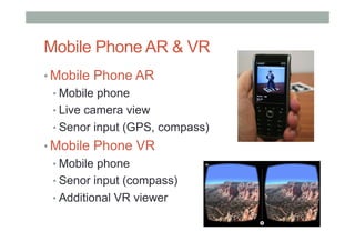 Mobile Phone AR & VR
• Mobile Phone AR
• Mobile phone
• Live camera view
• Senor input (GPS, compass)
• Mobile Phone VR
• Mobile phone
• Senor input (compass)
• Additional VR viewer
 