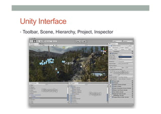 Unity Interface
•  Toolbar, Scene, Hierarchy, Project, Inspector
 