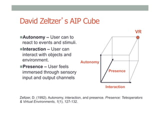 David Zeltzer’s AIP Cube
! Autonomy – User can to
react to events and stimuli.
! Interaction – User can
interact with objects and
environment.
! Presence – User feels
immersed through sensory
input and output channels
Interaction
Autonomy
Presence
VR
Zeltzer, D. (1992). Autonomy, interaction, and presence. Presence: Teleoperators
& Virtual Environments, 1(1), 127-132.
 