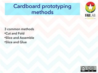 Cardboard prototyping
methods
3 common methods

Cut and Fold

Slice and Assemble

Slice and Glue
 