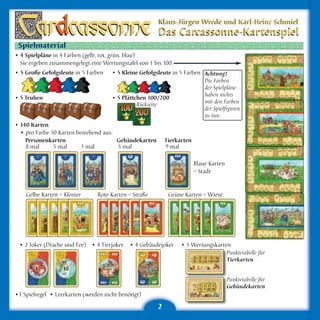 Klaus-Jürgen Wrede und Karl-Heinz Schmiel
                                                        Das Carcassonne-Kartenspiel
 Spielmaterial
• 4 Spielpläne in 4 Farben (gelb, rot, grün, blau)
  Sie ergeben zusammengelegt eine Wertungstafel von 1 bis 100.
• 5 Große Gefolgsleute in 5 Farben    • 5 Kleine Gefolgsleute in 5 Farben Achtung!
                                                                          Die Farben
                                                                          der Spielpläne
                                                                          haben nichts
• 5 Truhen                            • 5 Plättchen 100/200
                                                Rückseite                 mit den Farben
                                                                          der Spielfiguren
                                                                          zu tun.
• 140 Karten
  • pro Farbe 30 Karten bestehend aus:
    Personenkarten                     Gebäudekarten        Tierkarten
    8 mal      5 mal      3 mal        5 mal                9 mal

                                                                         Blaue Karten
                                                                         = Stadt


    Gelbe Karten = Kloster      Rote Karten = Straße         Grüne Karten = Wiese




 • 2 Joker (Drache und Fee) • 4 Tierjoker • 4 Gebäudejoker       • 5 Wertungskarten
                                                                                        Punktetabelle für
                                                                                        Tierkarten


                                                                                        Punktetabelle für
                                                                                        Gebäudekarten
•1 Spielregel • Leerkarten (werden nicht benötigt)

                                                        2
 