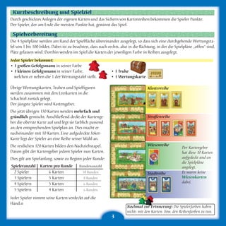 Kurzbeschreibung und Spielziel
Durch geschicktes Anlegen der eigenen Karten und das Sichern von Kartenreihen bekommen die Spieler Punkte.
Der Spieler, der am Ende die meisten Punkte hat, gewinnt das Spiel.

 Spielvorbereitung
Die 4 Spielpläne werden am Rand der Spielfläche übereinander ausgelegt, so dass sich eine durchgehende Wertungsta-
fel von 1 bis 100 bildet. Dabei ist zu beachten, dass nach rechts, also in die Richtung, in der die Spielpläne „offen“ sind,
Platz gelassen wird. Dorthin werden im Spiel die Karten der jeweiligen Farbe in Reihen ausgelegt.
Jeder Spieler bekommt:
• 1 großen Gefolgsmann in seiner Farbe
• 1 kleinen Gefolgsmann in seiner Farbe,                     • 1 Truhe
  welchen er neben die 1 der Wertungstafel stellt.           • 1 Wertungskarte

Übrige Wertungskarten, Truhen und Spielfiguren                                     Klosterreihe
werden zusammen mit den Leerkarten in die
Schachtel zurück gelegt.
Der jüngste Spieler wird Kartengeber.
Die jetzt übrigen 130 Karten werden mehrfach und
gründlich gemischt. Anschließend deckt der Kartenge-                               Straßenreihe
ber die oberste Karte auf und legt sie farblich passend
an den entsprechenden Spielplan an. Dies macht er
nacheinander mit 10 Karten. Eine aufgedeckte Joker-
Karte legt der Spieler an eine Reihe seiner Wahl an.
Die restlichen 120 Karten bilden den Nachziehstapel.                               Wiesenreihe
                                                                                                        Der Kartengeber
Davon gibt der Kartengeber jedem Spieler nun Karten.                                                    hat diese 10 Karten
Dies gilt am Spielanfang, sowie zu Beginn jeder Runde:                                                  aufgedeckt und an
                                                                                                        die Spielpläne
Spieleranzahl    Karten pro Runde                                                                       angelegt.
 2 Spieler           6 Karten                                                      Stadtreihe           Es waren keine
 3 Spielern          5 Karten                                                                           Wiesenkarten
 4 Spielern          5 Karten                                                                           dabei.
 5 Spielern          4 Karten
Jeder Spieler nimmt seine Karten verdeckt auf die
Hand.n
                                                                      Nochmal zur Erinnerung: Die Spielerfarben haben
                                                                      nichts mit den Karten- bzw. den Reihenfarben zu tun.
                                                             3
 