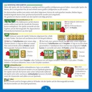 WERTUNG DER KARTEN
Wenn alle Spieler alle ihre Handkarten angelegt und ihren großen Gefolgsmann gesetzt haben, räumt jeder Spieler die
Karten, die er sich gesichert hat ab und nimmt seinen großen Gefolgsmann zu sich zurück.
Die Kartenreihen werden (von unten nach oben) abgeräumt. Karten die nicht gesichert wurden, bleiben liegen.
Verdeckt liegende Karten einer gesicherten Kartenreihe werden jetzt umgedreht.
Die gesichertern Karten werden von den Spielern wie folgt gewertet:
                 Personenkarten (1-3):
                 Die Zahlenwerte auf den Karten                                       Rot hat folgende Zahlenwerte:
werden addiert und mit der Anzahl der Personen-                                       3+1+1 = 5
karten multipliziert. Der Spieler vermerkt sich das                                   Rot hat 3 Personenkarten
                                                                                      5 x 3 = 15 Punkte
Ergebnis auf der Wertungstafel. Die abgerechneten
Personenkarten kommen aus dem Spiel.
        Tierkarten                                                                             1       2
        Jedesmal, wenn der Spieler Tierkarten abgeräumt hat, erhält
er dafür Punkte. Das lässt sich am Besten durch ein Beispiel erklären:
 1 Rot hat 2 Schafskarten unter seinen abge-        2 Am Ende einer späteren Runde hat Rot unter seinen abgeräum-
räumten Karten. Er legt sie offen vor seinen       ten Karten 2 Schafskarten und 1 Tierjoker. Er legt sie zu den schon
Platz und vermerkt sofort 6 Punkte auf der         gesammelten 2 Schafskarten dazu und hat nun insgesamt 5 Schafs-
Wertungstafel. Tierkarten bleiben im Spiel.        karten. Er vermerkt sich sofort 14 Punkte auf der Wertungstafel.

                                2 Karten                                                                   5 Karten
                                =                                                                          =
                                6 Punkte                                                                   14 Punkte

Bekommt der Spieler einen Tierjoker, ohne Tierkarten vor sich liegen zu haben, vermerkt er sich sofort 3 Punkte.
Sobald er Tierkarten bekommt, muss er den Tierjoker zuordnen.
        Gebäudekarten
        Bekommt ein Spieler Gebäudekarten, legt er sie verdeckt                                     Rot erhält
unter seine Truhe. Diese Karten werden erst am Spielende gewertet.                                  1 Gebäudejoker und
Der Spieler darf sich die Karten unter seiner Schatztruhe während                                   2 Gebäudekarten.
des Spiels nicht mehr anschauen. Gebäudejoker kommen ebenfalls                                      Er legt sie unter
unter die Schatztruhe und zählen erst am Spielende.                                                 seine Truhe.

        Joker
        Drache und Fee bringen sofort je 10 Punkte, die der Spieler auf der Wertungstafel vermerkt.
Die Karten werden aus dem Spiel genommen.

                                                           5
 