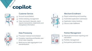Partner ManagementData Processing
Residual/commission reporting and
calculation
Portfolio management
Sub-partner performance
Merchant Enrollment
Rapid underwriting and boarding
Automated application submission
Application status tracking
Device order fulfillment
Customer Service
Account reconciliation
Online ticketing management
View merchants’ deposits, batch
reports transactions, statements and
chargeback information
Processor residual reconciliation
Exception reporting and flexible user-
driven data mapping
Multi-source data aggregation and
standardization
 