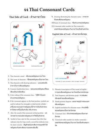 44 Thai Consonant Cards
  Thai Side of Card – ดานภาษาไทย                                  9. Drawing illustrating the character name – ภาพวาด
                                                                     ทแสดงชอของพยญชนะ
                                                                  10. Name of consonant class – ชอประเภทของพยญชนะ
                                                                  11. Consonant order number (in Thai numerals) –
                                                                     เลขลาดบของพยญชนะในภาษาไทยเปนตวเลขไทย


                                                                   English Side of Card – ดานภาษาองกฤษ




1. Thai character sound – เสยงของพยญชนะภาษาไทย
2. Thai name of character – ชอของพยญชนะเปนภาษาไทย
3. Thai character with drawing indicators – แบบแสดงเสน
   นาทางในการเขยนพยญชนะ
4. Common handwritten form – รปแบบของพยญชนะทน!ยม                   1. Phonetic transcription of Thai sound in English -
   เขยนเปนลายมอเขยน                                                   การออกเสยงพยญชนะภาษาไทยเปนภาษาองกฤษ
5. Color coding of the consonant class – ใชสกากบบอก                2. Tone frequency and duration graph -กราฟแสดง
   ประเภทของพยญชนะ                                                    เสยงสงตาของเสยงพยญชนะ
6. If the consonant appears in the final position, symbols are     3. Mouth position diagram -แผนภาพรปปากขณะออก
   used to indicate live (triangle) or dead (circle) syllable –       เสยงพยญชนะ
   เครองหมายบ&งบอกว&าพยญชนะน(ถาหากเปนตวสะกดจะ                      4. English translation for character name -คาแปลชอ
   ทาใหพยางค,น(นเปนคาเปน หรอ คาตาย                                    ของพยญชนะเปนภาษาองกฤษ
7. Also, the sound of the consonant in final position – แม&        5. Consonant class -ประเภทของพยญชนะเปนภาษา
    สะกดต&างๆ ของแต&ละพยญชนะหากใชเปนตวสะกด                            องกฤษ
8. Symbol of tone rules for the consonant class (first line        6. Consonant order number (in Arabic numerals) -
    indicates tone for long vowels, second line indicates tone        เลขลาดบของพยญชนะในภาษาไทยเปนตวเลขอรา
    for short vowels) – สญลกษณ,บอกเสยงวรรณย/กต,ถาใช                   บ!ค
    พยญชนะกบสระเสยงยาวและสระเสยงส(น
 