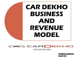 CAR DEKHO
BUSINESS
AND
REVENUE
MODEL
TANISHK AGARWAL
CLASS XI F
RIGHT CAR , RIGHT NOW
 