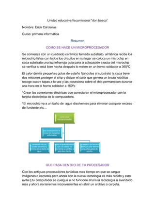 Unidad educativa fiscomisional “don bosco”<br />Nombre: Erick Cárdenas<br />Curso: primero informática<br />Resumen<br />COMO SE HACE UN MICROPROCESADOR<br />Se comienza con un cuadrado cerámico llamado substrato, al fabrica recibe los microchip listos con todos los circuitos en su lugar se coloca un microchip en cada substrato una luz infrarroja guía para la colocación exacta del microchip se verifica si está bien hecha después lo meten en un horno soldador a 365ºC<br />El calor derrite pequeñas gotas de estaño fijándolas al substrato la capa tiene dos misiones proteger el chip y disipar el calor que genera un brazo robótico recoge cuatro tapas a la vez y las posesiona sobre el chip permanecen durante una hora en el horno soldador a 150ºc <br />*Crear las conexiones eléctricas que conectaran el microprocesador con la tarjeta electrónica de la computadora.<br />*El microchip va a un baño de  agua disolventes para eliminar cualquier exceso de fundente,etc…<br />QUE PASA DENTRO DE TU PROCESADOR<br />Con los antiguos procesadores tardabas mas tiempo en que se cargue imágenes o carpetas pero ahora con la nueva tecnología es más rápido y esto evita q tu computador se cuelgue o no funcione ahora la tecnología a avanzado mas y ahora no tenemos inconvenientes en abrir un archivo o carpeta.<br />COMO TRABAJA EL PROCESADOR<br />LOS DATOS SE TRANSFIEREN A TRAVES DE EL BUS DE DATOS EL SE ENCARGA DE TRANFERIR DATOS O DOCUMENTOS LOS NUMEROS ESTAN COMPUESTOS EN BINARIOS.ETC…<br />CUESTIONARIO<br />1.0 RESPONDA<br />¿EN QUE EMPIEZ LA VREACION DEL MICROPROCESADOR Y EN QUE TERIMNA?<br />EMPIEZA EN UN CUADRO SERAMICO Y TERMINA EN UN BAÑO DE AGUA<br />2. ¿A CUANTOS GRADOS METEN EL MICROCHIP AL HORNO?<br />EN 365ºC<br />3. ¿POR DONDE SE TRANSFIEREN LOS DATOS?<br /> POR EL BUS DE DATOS<br />1.1 COMPLETE<br />4. CON LOS ANTIGUOS PRCESADORES TARDABA EN CARGARSE.<br />5. CON EL ANTIGUO TIENES MENOS CAPACIDAD.<br />