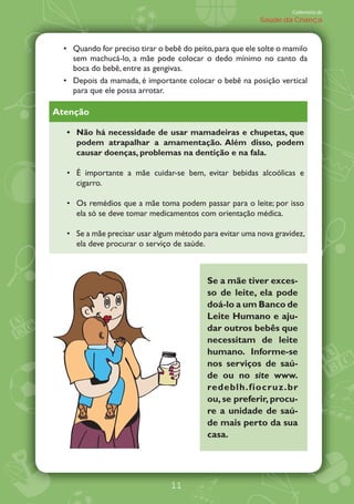 Caderneta de
                                                          Saúde da Criança



   Quando for preciso tirar o bebê do peito, para que ele solte o mamilo
   sem machucá-lo, a mãe pode colocar o dedo mínimo no canto da
   boca do bebê, entre as gengivas.
   Depois da mamada, é importante colocar o bebê na posição vertical
   para que ele possa arrotar.

Atenção

    Não há necessidade de usar mamadeiras e chupetas, que
    podem atrapalhar a amamentação. Além disso, podem
    causar doenças, problemas na dentição e na fala.

    É importante a mãe cuidar-se bem, evitar bebidas alcoólicas e
    cigarro.

    Os remédios que a mãe toma podem passar para o leite; por isso
    ela só se deve tomar medicamentos com orientação médica.

    Se a mãe precisar usar algum método para evitar uma nova gravidez,
    ela deve procurar o serviço de saúde.



                                          Se a mãe tiver exces-
                                          so de leite, ela pode
                                          doá-lo a um Banco de
                                          Leite Humano e aju-
                                          dar outros bebês que
                                          necessitam de leite
                                          humano. Informe-se
                                          nos serviços de saú-
                                          de ou no site www.
                                          redeblh.fiocruz.br
                                          ou, se preferir, procu-
                                          re a unidade de saú-
                                          de mais perto da sua
                                          casa.




                               11
 
