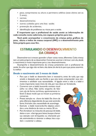 Caderneta de
                                                                     Saúde da Criança



       peso, comprimento ou altura e perímetro cefálico (este último até os
       2 anos);
       vacinas;
       desenvolvimento;
       outros cuidados para uma boa saúde;
       prevenção de acidentes ;
       identificação de problemas ou riscos para a saúde.
    É importante que o profissional de saúde anote as informações de
cada consulta nesta caderneta, nos espaços próprios para isso.
    Você pode acompanhar o crescimento da criança pelos gráficos de
peso, altura e índice de massa corporal (IMC) e o desenvolvimento pela
ficha própria para esse fim.


        ESTIMULANDO DESENVOLVIMENTO
        ESTIMULANDO O DESENVOLVIMENTO
            M                   M
                  DA CRIANÇA
                  DA CRIANÇA
                        A Ç
    Desenvolver-se é crescer, aprender e fazer coisas novas, diferentes. Cada criança
tem um jeito próprio de se desenvolver. Conversar, acariciar e brincar com ela, desde
o nascimento, é muito importante para o seu desenvolvimento.
    Acompanhe o desenvolvimento da criança juntamente com o profissional de
saúde. Se achar que algo não vai bem, não deixe de alertá-lo para que possa examiná-
la melhor.
Desde o nascimento até 2 meses de idade
       Para que o bebê se desenvolva bem é necessário, antes de tudo, que seja
       amado e desejado pela sua família e que esta tente compreender seus sen-
       timentos e satisfazer suas necessidades. A ligação entre a mãe e o bebê é
       muito importante neste início de vida, por isso deve ser fortalecida.
       Converse com o bebê, buscando contato visual
       (olho no olho). Não tenha vergonha de falar
       com ele de forma carinhosa, aparentemente in-
       fantil. É desse modo que se iniciam as primeiras
       conversas.
       Preste atenção no choro do bebê. Ele chora de
       jeito diferente dependendo do que está sentindo:
       fome, frio/calor, dor, necessidade de aconchego.
       Estimule o bebê mostrando-lhe objetos colori-
       dos a uma distância de mais ou menos 30 cm.
       Para fortalecer os músculos do pescoço do bebê,
       deite-o com a barriga para baixo, busque chamar
       sua atenção com brinquedos ou chamando por
       ele, estimulando-o a levantar a cabeça. Isto o aju-
       dará a sustentar a cabeça.




                                        19
 