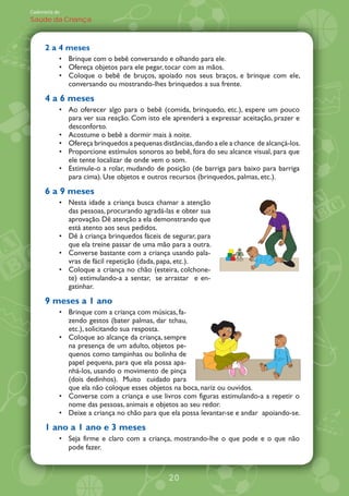 Caderneta de
Saúde da Criança



      2 a 4 meses
               Brinque com o bebê conversando e olhando para ele.
               Ofereça objetos para ele pegar, tocar com as mãos.
               Coloque o bebê de bruços, apoiado nos seus braços, e brinque com ele,
               conversando ou mostrando-lhes brinquedos a sua frente.
      4 a 6 meses
               Ao oferecer algo para o bebê (comida, brinquedo, etc.), espere um pouco
               para ver sua reação. Com isto ele aprenderá a expressar aceitação, prazer e
               desconforto.
               Acostume o bebê a dormir mais à noite.
               Ofereça brinquedos a pequenas distâncias, dando a ele a chance de alcançá-los.
               Proporcione estímulos sonoros ao bebê, fora do seu alcance visual, para que
               ele tente localizar de onde vem o som.
               Estimule-o a rolar, mudando de posição (de barriga para baixo para barriga
               para cima). Use objetos e outros recursos (brinquedos, palmas, etc.).
      6 a 9 meses
               Nesta idade a criança busca chamar a atenção
               das pessoas, procurando agradá-las e obter sua
               aprovação. Dê atenção a ela demonstrando que
               está atento aos seus pedidos.
               Dê à criança brinquedos fáceis de segurar, para
               que ela treine passar de uma mão para a outra.
               Converse bastante com a criança usando pala-
               vras de fácil repetição (dada, papa, etc.).
               Coloque a criança no chão (esteira, colchone-
               te) estimulando-a a sentar, se arrastar e en-
               gatinhar.
      9 meses a 1 ano
               Brinque com a criança com músicas, fa-
               zendo gestos (bater palmas, dar tchau,
               etc.), solicitando sua resposta.
               Coloque ao alcançe da criança, sempre
               na presença de um adulto, objetos pe-
               quenos como tampinhas ou bolinha de
               papel pequena, para que ela possa apa-
               nhá-los, usando o movimento de pinça
               (dois dedinhos). Muito cuidado para
               que ela não coloque esses objetos na boca, nariz ou ouvidos.
               Converse com a criança e use livros com figuras estimulando-a a repetir o
               nome das pessoas, animais e objetos ao seu redor.
               Deixe a criança no chão para que ela possa levantar-se e andar apoiando-se.
      1 ano a 1 ano e 3 meses
               Seja firme e claro com a criança, mostrando-lhe o que pode e o que não
               pode fazer.



                                                20
 