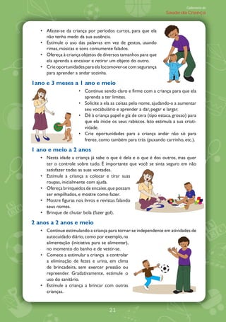 Caderneta de
                                                                   Saúde da Criança



     Afaste-se da criança por períodos curtos, para que ela
     não tenha medo da sua ausência.
     Estimule o uso das palavras em vez de gestos, usando
     rimas, músicas e sons comumente falados.
     Ofereça à criança objetos de diversos tamanhos para que
     ela aprenda a encaixar e retirar um objeto do outro.
     Crie oportunidades para ela locomover-se com segurança
     para aprender a andar sozinha.

1ano e 3 meses a 1 ano e meio
                        Continue sendo claro e firme com a criança para que ela
                        aprenda a ter limites.
                        Solicite a ela as coisas pelo nome, ajudando-a a aumentar
                        seu vocabulário e aprender a dar, pegar e largar.
                        Dê à criança papel e giz de cera (tipo estaca, grosso) para
                        que ela inicie os seus rabiscos. Isto estimula a sua criati-
                        vidade.
                        Crie oportunidades para a criança andar não só para
                        frente, como também para trás (puxando carrinho, etc.).

1 ano e meio a 2 anos
     Nesta idade a criança já sabe o que é dela e o que é dos outros, mas quer
     ter o controle sobre tudo. É importante que você se sinta seguro em não
     satisfazer todas as suas vontades.
     Estimule a criança a colocar e tirar suas
     roupas, inicialmente com ajuda.
     Ofereça brinquedos de encaixe, que possam
     ser empilhados, e mostre como fazer.
     Mostre figuras nos livros e revistas falando
     seus nomes.
     Brinque de chutar bola (fazer gol).

2 anos a 2 anos e meio
     Continue estimulando a criança para tornar-se independente em atividades de
     autocuidado diário, como por exemplo, na
     alimentação (iniciativa para se alimentar),
     no momento do banho e de vestir-se.
     Comece a estimular a criança a controlar
     a eliminação de fezes e urina, em clima
     de brincadeira, sem exercer pressão ou
     repreender. Gradativamente, estimule o
     uso do sanitário.
     Estimule a criança a brincar com outras
     crianças.


                                     21
 