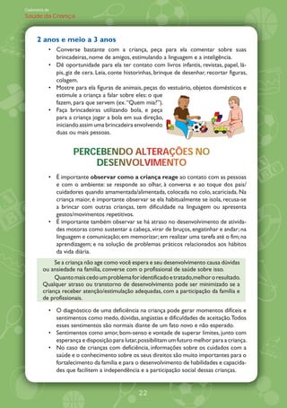 Caderneta de
Saúde da Criança



      2 anos e meio a 3 anos
               Converse bastante com a criança, peça para ela comentar sobre suas
               brincadeiras, nome de amigos, estimulando a linguagem e a inteligência.
               Dê oportunidade para ela ter contato com livros infantis, revistas, papel, lá-
               pis, giz de cera. Leia, conte historinhas, brinque de desenhar, recortar figuras,
               colagem.
               Mostre para ela figuras de animais, peças do vestuário, objetos domésticos e
               estimule a criança a falar sobre eles: o que
               fazem, para que servem (ex. „Quem mia?‰).
               Faça brincadeiras utilizando bola, e peça
               para a criança jogar a bola em sua direção,
               iniciando assim uma brincadeira envolvendo
               duas ou mais pessoas.


                      PERCEBENDO ALTERAÇÕES NO
                      PERCEBENDO ALTERAÇÕES NO
                                     R
                          DESENVOLVIMENTO
                          DESENVOLVIMENTO
                                    M
               É importante observar como a criança reage ao contato com as pessoas
               e com o ambiente: se responde ao olhar, à conversa e ao toque dos pais/
               cuidadores quando amamentada/alimentada, colocada no colo, acariciada. Na
               criança maior, é importante observar se ela habitualmente se isola, recusa-se
               a brincar com outras crianças, tem dificuldade na linguagem ou apresenta
               gestos/movimentos repetitivos.
               É importante também observar se há atraso no desenvolvimento de ativida-
               des motoras como sustentar a cabeça, virar de bruços, engatinhar e andar; na
               linguagem e comunicação; em memorizar; em realizar uma tarefa até o fim; na
               aprendizagem; e na solução de problemas práticos relacionados aos hábitos
               da vida diária.
             Se a criança não age como você espera e seu desenvolvimento causa dúvidas
        ou ansiedade na família, converse com o profissional de saúde sobre isso.
             Quanto mais cedo um problema for identificado e tratado,melhor o resultado.
        Qualquer atraso ou transtorno de desenvolvimento pode ser minimizado se a
        criança receber atenção/estimulação adequadas, com a participação da família e
        de profissionais.

               O diagnóstico de uma deficiência na criança pode gerar momentos difíceis e
               sentimentos como medo, dúvidas, angústias e dificuldades de aceitação.Todos
               esses sentimentos são normais diante de um fato novo e não esperado.
               Sentimentos como amor, bom-senso e vontade de superar limites, junto com
               esperança e disposição para lutar, possibilitam um futuro melhor para a criança.
               No caso de crianças com deficiência, informações sobre os cuidados com a
               saúde e o conhecimento sobre os seus direitos são muito importantes para o
               fortalecimento da família e para o desenvolvimento de habilidades e capacida-
               des que facilitem a independência e a participação social dessas crianças.


                                                 22
 