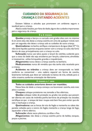 Caderneta de
Saúde da Criança




                  CUIDANDO DA SEGURANÇA DA
                  CUIDANDO DA SEGURANÇA DA
                 CRIANÇA EVITANDO ACIDENTES
                 CRIANÇA E EVITANDO ACIDENTES
                                  O    D
          Existem hábitos e atitudes que promovem um ambiente seguro e
      saudável para a criança.
          Abaixo estão listados, por faixa de idade, alguns dos cuidados importantes
      para a segurança da criança.
                                     0 a 6 meses
           Quedas: proteja o berço e o cercado com grades altas com no máximo
      6 cm entre elas; não deixe a criança sozinha em cima de qualquer móvel, nem
      por um segundo; não deixe a criança sob os cuidados de outra criança.
           Queimaduras: no banho, verifique a temperatura da água (ideal 37À C);
      não tome líquidos quentes enquanto estiver com a criança no colo; não fume
      dentro de casa, principalmente com a criança no colo.
           Sufocação: nunca use talco; ajuste o lençol do colchão, cuidando para
      que o rosto do bebê não seja encoberto por lençóis, cobertores, almofadas
      e travesseiros; utilize brinquedos grandes e inquebráveis.
           Afogamento: nunca deixe a criança sozinha na banheira.
           Medicamentos: nunca dê remédio que não tenha sido receitado para
      a criança.
           Acidentes no trânsito: a criança deve ser transportada no bebê
      conforto ou conversível        uma cadeira especial em forma de concha,
      levemente inclinada, que deve ser colocada no banco de trás, voltada para o
      vidro traseiro, conforme orientação do fabricante.
                                  6 meses a 1 ano
           Todos os cuidados anteriores devem ser mantidos.
           Nessa faixa de idade a criança começa a se locomover sozinha, está mais
      ativa e curiosa.
           Choques: coloque protetores nas tomadas e fios elétricos.
           Quedas: coloque redes de proteção ou grades nas janelas, que possam
      ser abertas em casos de incêndio; ponha barreiras de proteção nas escadas;
      certifique-se que o tanque de lavar roupas está bem fixo, para evitar que ele
      caia e machuque a criança.
           Queimaduras: use as bocas de trás do fogão e mantenha os cabos das
      panelas voltados para o centro do fogão; mantenha a criança longe de fogo,
      aquecedor e ferro elétrico.
           Sufocação: afaste sacos plásticos, cordões e fios.
           Afogamentos: não deixe a criança sozinha perto de baldes, tanques,
      poços e piscinas.


                                           32
 