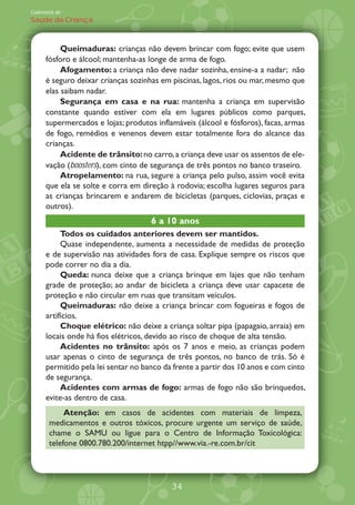 Caderneta de
Saúde da Criança



           Queimaduras: crianças não devem brincar com fogo; evite que usem
      fósforo e álcool; mantenha-as longe de arma de fogo.
           Afogamento: a criança não deve nadar sozinha, ensine-a a nadar; não
      é seguro deixar crianças sozinhas em piscinas, lagos, rios ou mar, mesmo que
      elas saibam nadar.
           Segurança em casa e na rua: mantenha a criança em supervisão
      constante quando estiver com ela em lugares públicos como parques,
      supermercados e lojas; produtos inflamáveis (álcool e fósforos), facas, armas
      de fogo, remédios e venenos devem estar totalmente fora do alcance das
      crianças.
           Acidente de trânsito: no carro, a criança deve usar os assentos de ele-
      vação (boosters), com cinto de segurança de três pontos no banco traseiro.
           Atropelamento: na rua, segure a criança pelo pulso, assim você evita
      que ela se solte e corra em direção à rodovia; escolha lugares seguros para
      as crianças brincarem e andarem de bicicletas (parques, ciclovias, praças e
      outros).
                                     6 a 10 anos
           Todos os cuidados anteriores devem ser mantidos.
           Quase independente, aumenta a necessidade de medidas de proteção
      e de supervisão nas atividades fora de casa. Explique sempre os riscos que
      pode correr no dia a dia.
           Queda: nunca deixe que a criança brinque em lajes que não tenham
      grade de proteção; ao andar de bicicleta a criança deve usar capacete de
      proteção e não circular em ruas que transitam veículos.
           Queimaduras: não deixe a criança brincar com fogueiras e fogos de
      artifícios.
           Choque elétrico: não deixe a criança soltar pipa (papagaio, arraia) em
      locais onde há fios elétricos, devido ao risco de choque de alta tensão.
           Acidentes no trânsito: após os 7 anos e meio, as crianças podem
      usar apenas o cinto de segurança de três pontos, no banco de trás. Só é
      permitido pela lei sentar no banco da frente a partir dos 10 anos e com cinto
      de segurança.
           Acidentes com armas de fogo: armas de fogo não são brinquedos,
      evite-as dentro de casa.
            Atenção: em casos de acidentes com materiais de limpeza,
       medicamentos e outros tóxicos, procure urgente um serviço de saúde,
       chame o SAMU ou ligue para o Centro de Informação Toxicológica:
       telefone 0800.780.200/internet htpp//www.via.-re.com.br/cit




                                           34
 
