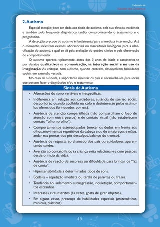 Caderneta de
                                                                      Saúde da Criança



2. Autismo
      Especial atenção deve ser dada aos sinais de autismo, pela sua elevada incidência
e também pelo frequente diagnóstico tardio, comprometendo o tratamento e o
prognóstico.
      A detecção precoce do autismo é fundamental para a imediata intervenção. Até
o momento, inexistem exames laboratoriais ou marcadores biológicos para a iden-
tificação do autismo, a qual se dá pela avaliação do quadro clínico e pela observação
do comportamento.
      O autismo aparece, tipicamente, antes dos 3 anos de idade e caracteriza-se
por desvios qualitativos na comunicação, na interação social e no uso da
imaginação. As crianças com autismo, quando crescem, desenvolvem habilidades
sociais em extensão variada.
      No caso de suspeita, é importante orientar os pais e encaminhá-los para locais
que possam fazer o diagnóstico e/ou o tratamento.
                              Sinais de Autismo
        Alterações do sono variáveis e inespecíficas.
        Indiferença em relação aos cuidadores, ausência de sorriso social,
        desconforto quando acolhido no colo e desinteresse pelos estímu-
        los oferecidos (brinquedos por ex.).
        Ausência de atenção compartilhada (não compartilham o foco de
        atenção com outra pessoa) e de contato visual (não estabelecem
        contato „olho no olho‰).
        Comportamentos estereotipados (mexer os dedos em frente aos
        olhos, movimentos repetitivos da cabeça e ou de antebraços e mãos,
        andar nas pontas dos pés descalços, balanço do tronco).
        Ausência de resposta ao chamado dos pais ou cuidadores, aparen-
        tando surdez.
        Aversão ao contato físico (a criança evita relacionar-se com pessoas
        desde o início da vida).
        Ausência de reação de surpresa ou dificuldade para brincar de „faz
        de conta‰.
        Hipersensibilidade a determinados tipos de sons.
        Ecolalia   repetição imediata ou tardia de palavras ou frases.
        Tendência ao isolamento, autoagressão, inquietação, comportamen-
        tos estranhos.
        Interesses circunscritos (às vezes, gosta de girar objetos).
        Em alguns casos, presença de habilidades especiais (matemáticas,
        musicais, plásticas).



                                        49
 