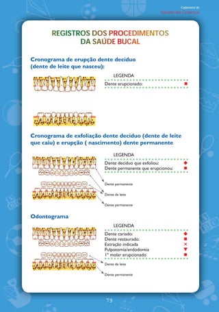 Caderneta de
                                                    Saúde da Criança




       REGISTROS DOS PROCEDIMENTOS
       REGISTROS DOS PROCEDIMENTOS
                            M N
              DA SAÚDE BUCAL
              DA SAÚDE BUCAL
                        U

Cronograma de erupção dente decíduo
(dente de leite que nasceu):
                               LEGENDA
                          Dente erupcionado:




Cronograma de exfoliação dente decíduo (dente de leite
que caiu) e erupção ( nascimento) dente permanente

                               LEGENDA
                          Dente decíduo que exfoliou:
                          Dente permanente que erupcionou:


                          Dente permanente

                          Dente de leite

                          Dente permanente


Odontograma
                               LEGENDA
                          Dente cariado:
                          Dente restaurado:
                          Extração indicada
                          Pulpotomia/endodontia
                          1À molar erupcionado
                          Dente de leite

                          Dente permanente




                          79
 