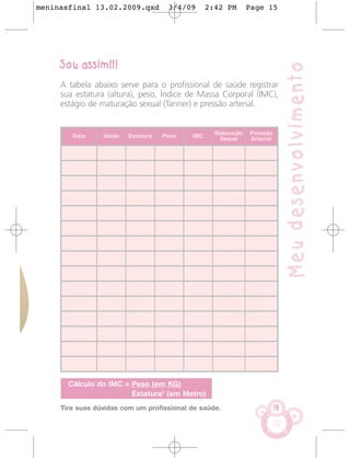 meninasfinal 13.02.2009.qxd          3/4/09      2:42 PM       Page 15




     Sou assim!!!




                                                                               Meu desenvolvimento
     A tabela abaixo serve para o profissional de saúde registrar
     sua estatura (altura), peso, Índice de Massa Corporal (IMC),
     estágio de maturação sexual (Tanner) e pressão arterial.


                                                   Maturação   Pressão
        Data     Idade   Estatura   Peso   IMC      Sexual     Arterial




       Cálculo do IMC = Peso (em KG)
                        Estatura2 (em Metro)
     Tire suas dúvidas com um profissional de saúde.                      19
 