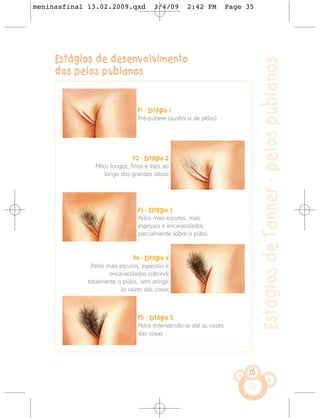 meninasfinal 13.02.2009.qxd            3/4/09     2:42 PM           Page 35




     Estágios de desenvolvimento




                                                                              Estágios de Tanner - pelos pubianos
     dos pelos pubianos


                                P1 - Estágio 1
                                Pré-púbere (ausência de pêlos)




                              P2 - Estágio 2
               Pêlos longos, finos e lisos ao
                  longo dos grandes lábios




                                P3 - Estágio 3
                                Pelos mais escuros, mais
                                espessos e encaracolados
                                parcialmente sobre o púbis



                               P4 - Estágio 4
              Pelos mais escuros, espessos e
                     encaracolados cobrindi
             totalmente o púbis, sem atingir
                         as raízes das coxas



                                P5 - Estágio 5
                                Pelos estendendo-se até as raízes
                                das coxas




                                                                         35
 