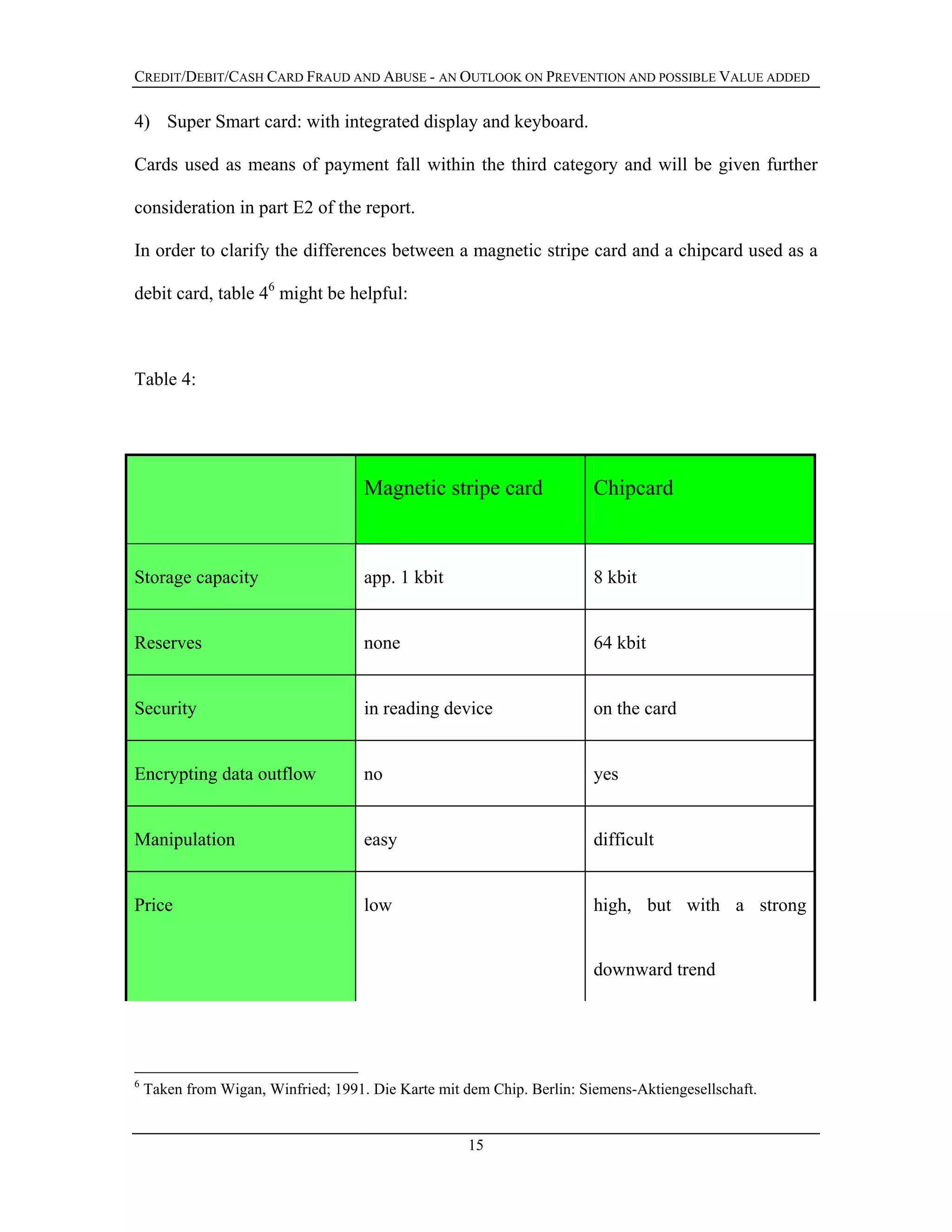 CREDIT/DEBIT/CASH CARD FRAUD AND ABUSE - AN OUTLOOK ON PREVENTION AND POSSIBLE VALUE ADDED
4) Super Smart card: with integrated display and keyboard.
Cards used as means of payment fall within the third category and will be given further
consideration in part E2 of the report.
In order to clarify the differences between a magnetic stripe card and a chipcard used as a
debit card, table 46
might be helpful:
Table 4:
Magnetic stripe card Chipcard
Storage capacity app. 1 kbit 8 kbit
Reserves none 64 kbit
Security in reading device on the card
Encrypting data outflow no yes
Manipulation easy difficult
Price low high, but with a strong
downward trend
6
Taken from Wigan, Winfried; 1991. Die Karte mit dem Chip. Berlin: Siemens-Aktiengesellschaft.
15
 