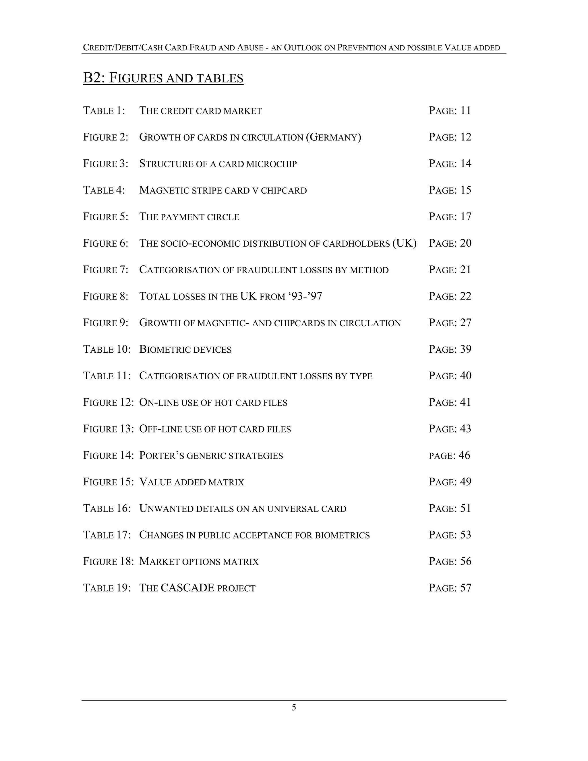 CREDIT/DEBIT/CASH CARD FRAUD AND ABUSE - AN OUTLOOK ON PREVENTION AND POSSIBLE VALUE ADDED
B2: FIGURES AND TABLES
TABLE 1: THE CREDIT CARD MARKET PAGE: 11
FIGURE 2: GROWTH OF CARDS IN CIRCULATION (GERMANY) PAGE: 12
FIGURE 3: STRUCTURE OF A CARD MICROCHIP PAGE: 14
TABLE 4: MAGNETIC STRIPE CARD V CHIPCARD PAGE: 15
FIGURE 5: THE PAYMENT CIRCLE PAGE: 17
FIGURE 6: THE SOCIO-ECONOMIC DISTRIBUTION OF CARDHOLDERS (UK) PAGE: 20
FIGURE 7: CATEGORISATION OF FRAUDULENT LOSSES BY METHOD PAGE: 21
FIGURE 8: TOTAL LOSSES IN THE UK FROM ‘93-’97 PAGE: 22
FIGURE 9: GROWTH OF MAGNETIC- AND CHIPCARDS IN CIRCULATION PAGE: 27
TABLE 10: BIOMETRIC DEVICES PAGE: 39
TABLE 11: CATEGORISATION OF FRAUDULENT LOSSES BY TYPE PAGE: 40
FIGURE 12: ON-LINE USE OF HOT CARD FILES PAGE: 41
FIGURE 13: OFF-LINE USE OF HOT CARD FILES PAGE: 43
FIGURE 14: PORTER’S GENERIC STRATEGIES PAGE: 46
FIGURE 15: VALUE ADDED MATRIX PAGE: 49
TABLE 16: UNWANTED DETAILS ON AN UNIVERSAL CARD PAGE: 51
TABLE 17: CHANGES IN PUBLIC ACCEPTANCE FOR BIOMETRICS PAGE: 53
FIGURE 18: MARKET OPTIONS MATRIX PAGE: 56
TABLE 19: THE CASCADE PROJECT PAGE: 57
5
 
