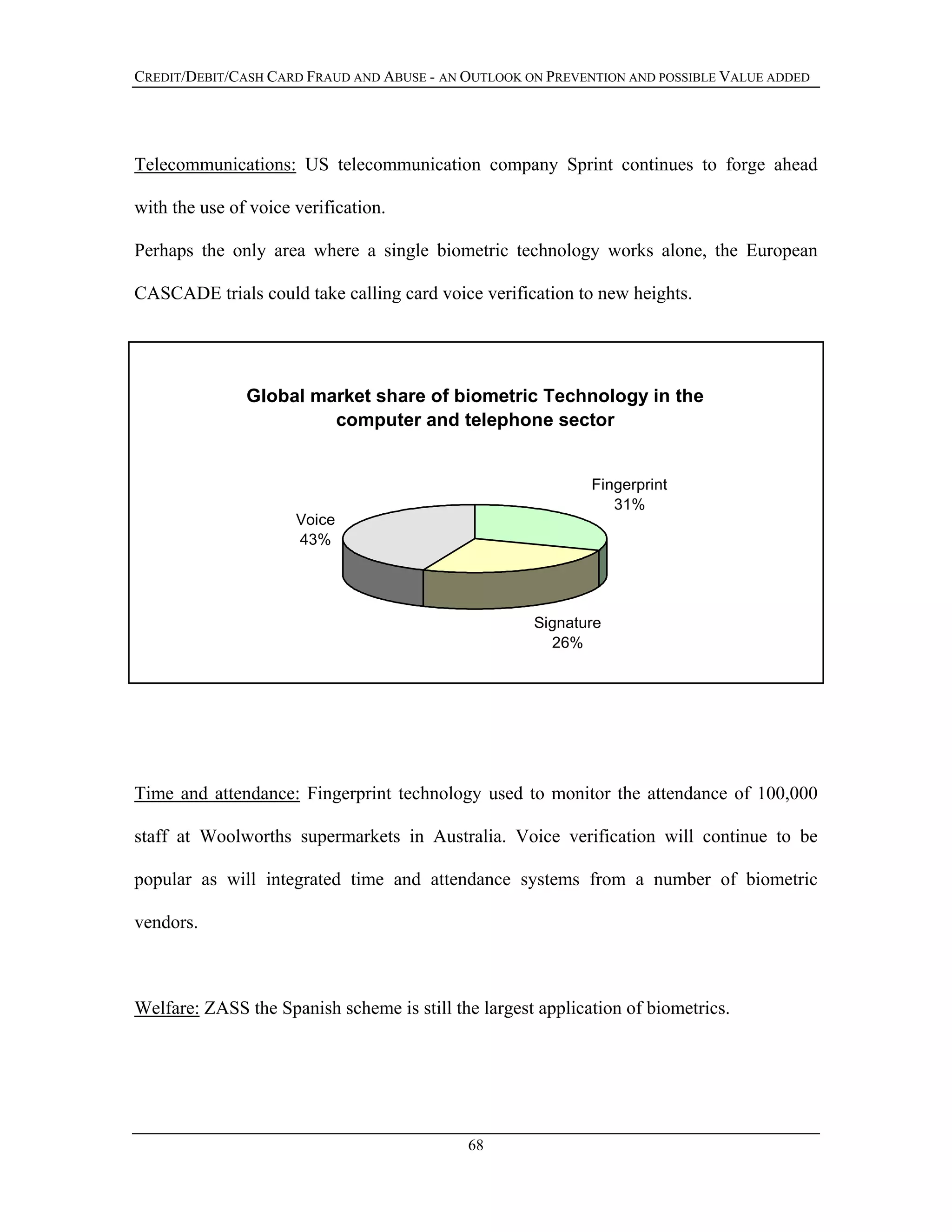 CREDIT/DEBIT/CASH CARD FRAUD AND ABUSE - AN OUTLOOK ON PREVENTION AND POSSIBLE VALUE ADDED
Telecommunications: US telecommunication company Sprint continues to forge ahead
with the use of voice verification.
Perhaps the only area where a single biometric technology works alone, the European
CASCADE trials could take calling card voice verification to new heights.
Global market share of biometric Technology in the
computer and telephone sector
Fingerprint
31%
Signature
26%
Voice
43%
Time and attendance: Fingerprint technology used to monitor the attendance of 100,000
staff at Woolworths supermarkets in Australia. Voice verification will continue to be
popular as will integrated time and attendance systems from a number of biometric
vendors.
Welfare: ZASS the Spanish scheme is still the largest application of biometrics.
68
 