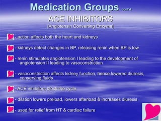 Medication Groups cont’d
ACE INHIBITORS
[Angiotensin Converting Enzyme]
- action affects both the heart and kidneys
- kidneys detect changes in BP, releasing renin when BP is low
- renin stimulates angiotension I leading to the development of
angiotension II leading to vasoconstriction
- vasoconstriction affects kidney function, hence lowered diuresis,
conserving fluids
- ACE inhibitors block the cycle
- dilation lowers preload, lowers afterload & increases diuresis
- used for relief from HT & cardiac failure
 