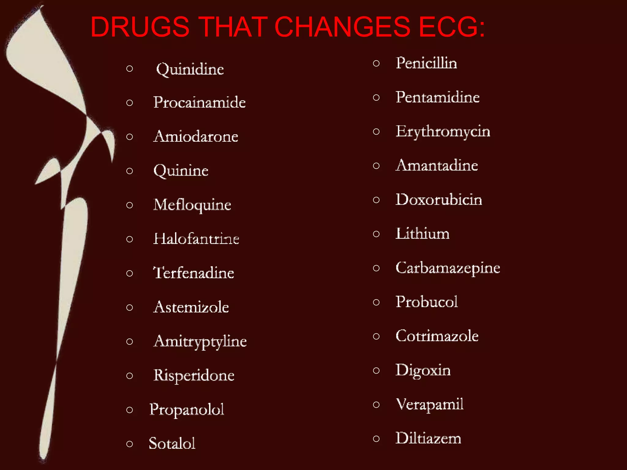 DRUGS THAT CHANGES ECG:
o
o
o
o
o
o
o
o
o
o
o
o
o
o
o
o
o
o
o
o
o
o
o
o
 