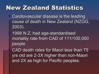 New Zealand Statistics Cardiovascular disease is the leading cause of death in New Zealand (NZGG, 2003). 1998 N.Z. had age-standardised mortality rate from CAD of 111/100,000 people CAD death rates for Maori less than 75 yrs old are 2-3X higher than non-Maori and 2X as high for Pacific peoples. 