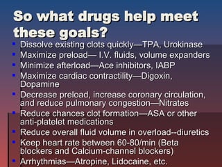 So what drugs help meet these goals? Dissolve existing clots quickly—TPA, Urokinase Maximize preload— I.V. fluids, volume expanders Minimize afterload—Ace inhibitors, IABP Maximize cardiac contractility—Digoxin, Dopamine Decrease preload, increase coronary circulation, and reduce pulmonary congestion—Nitrates Reduce chances clot formation—ASA or other anti-platelet medications Reduce overall fluid volume in overload--diuretics Keep heart rate between 60-80/min (Beta blockers and Calcium-channel blockers) Arrhythmias—Atropine, Lidocaine, etc. 