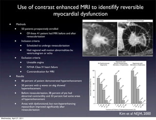 Use of contrast enhanced MRI to identiﬁfy reversible
                                 myocardial dysfunction                       C O N T R AST- E N H A N C E D M AG N ET I C R E S O N A N C E I M AG I N G TO I D E N T I F Y R EV E R S I B L E M YO C A R D I A L DYS F U N C T I O N




                                                                                                                              Cine Image                                                                   Contrast-Enhanced Image


         •      Methods
               •      50 patients prospectively enrolled
                                                                                                11
                                                                                                                              12                 1

                                                                                                                                                                2


                     •      Of these 41 patient had MRI before and after
                            revascularization                                         10                                                                                 3
                                                                                                                                                                                                                                           A
                                                                                                                                                                                                                                                B



               •      Inclusion criteria
                                                                                        9                                                                                4


                     •      Scheduled to undergo revascularization
                     •      Had regional wall motion abnormalities bu
                                                                                                    8

                                                                                                                              7                  6
                                                                                                                                                                5


                            ventriculogram or echo
                                                                                                                                                     The New Eng land Jour nal of Medicine

               •      Exclusion criteria                                     Figure 1. Typical Cine Image and Contrast-Enhanced Image Obtained by MRI before Revascularization.
                                                                             Registration of the images was not required, because both types were acquired during the same MRI session. Twelve equal circum-


                     •
                                                                             ferential segments were analyzed in each short-axis view. For contrast-enhanced images, the transmural extent of hyperenhance-
                            Unstable angina                                  ment was determined for each segment with use of the following equation: with
                                                                             A÷(area A+area B).           All Dysfunctional
                                                                                                                                          Segments percentage of area that was hyperenhanced=100¬area
                                                                                                                                      Severe Hypokinesia,               Segments with
                                                                                                                                        Segments                             Akinesia, or Dyskinesia           Akinesia or Dyskinesia

                     •      NYHA Class IV heart failure




                                                                                                                                                                                                                       )
                                                                                                                                                                                                                     12
                                                                                                                                                                                                                  of
                     •




                                                                                                                                                                                                                 2
                                                                                   Left Anterior Descending




                                                                                                                                                                                                                (1
                                                                                              100
                            Contraindication for MRI




                                                                                                                                                                                      )
                                                                                                                                                                                     48
                                                                                        Coronary Artery                                                             Left Circumflex Artery                           Right Coronary Artery




                                                                                                                                                                                      1
                                                                                                                                                                                   of




                                                                                                                                                                                                                            )
                                                                                                                                                                                                                           28
                                                                                                                                            9)




                                                                                                                                                                               28
         •




                                                                                                                                        32




                                                                                                                                                                                                                       of
                                                                                                                                                                              (1
                Results




                                                                                                                                                                                                                       3
                                                                                                                                       of




                                                                                                                                                                                                                     (2
                                                                                                                                   56
                                                                                                                         80




                                                                                                                                  (2
               •




                                                                                                                                                                                            )
                                                                                            Improved Contractility (%)




                                                                                                                                                                                          86
                      80 percent of patient demonstrated hyperenhancement




                                                                                                                                                     3)




                                                                                                                                                                                      of
                                                                                                                                                 18




                                                                                                                                                                                     6
                                                                                                                                                                                    (5
                                                                                                                                             of
                                                                                                                                        09
               •


                                                                                                                                        (1
                                                                                                                         60
                      50 percent with q waves on ekg showed




                                                                                                                                                                                                                                  )
                                                                                                                                                                                                 )
                                                                                                                                                          0)




                                                                                                                                                                                                                                20
                                                                                                                                                                                                68
                                                                                                                                                      11




                                                                                                                                                                                                                            of
                      hyperenhacement




                                                                                                                                                                                            of
                                                                                                                                                     of




                                                                                                                                                                                                                           (9
                                                                                                                                                                                           9
                                                                                                                                                                                          (2
                                                                                                                                                 6
                                                                                                                                             (4
                                                                                                                         40

               •      Before revascularization, 38 percent of pts had
                      abnormal contractility and 33 percent had some areas



                                                                                                                                                               4)




                                                                                                                                                                                                      3)
                                                                                                                         20




                                                                                                                                                               12




                                                                                                                                                                                                     10
                      of hyperenhancement

                                                                                                                                                          of




                                                                                                                                                                                                 of




                                                                                                                                                                                                                                       )
                                                                                                                                                                                                                                      54
                                                                                                                                                          3




                                                                                                                                                                                                 0
                                                                                                                                                       (1




                                                                                                                                                                                                (1




                                                                                                                                                                                                                                  of
                                                                                                                                                                     )
                                                                                                                                                                    58




                                                                                                                                                                                                                                            )
                                                                                                                                                                                                           )




                                                                                                                                                                                                                                 (4



                                                                                                                                                                                                                                           46
                                                                                                                                                                                                          57
                                                                                                                                                                of
               •




                                                                                                                                                                                                                                       of
                                                                                                                                                                                                      of
                                                                                                                                                               (1
                      Areas with dysfunctional, but non-hyperenhancing




                                                                                                                                                                                                                                      (0
                                                                                                                                                                                                     (0
                                                                                                                          0
                                                                                                                                         0



                                                                                                                                    51 0


                                                                                                                                        00




                                                                                                                                                                                      0



                                                                                                                                                                                51 0


                                                                                                                                                                                    00




                                                                                                                                                                                                                       0



                                                                                                                                                                                                                  51 0


                                                                                                                                                                                                                      00
                                                                                                                                    26 5


                                                                                                                                   76 75




                                                                                                                                                                                26 5


                                                                                                                                                                               76 75




                                                                                                                                                                                                                  26 5


                                                                                                                                                                                                                 76 75
                      myocardium improved signiﬁcantly after
                                                                                                                                      –5




                                                                                                                                                                                  –5




                                                                                                                                                                                                                    –5
                                                                                                                                       2




                                                                                                                                                                                    2




                                                                                                                                                                                                                     2
                                                                                                                                     –1




                                                                                                                                                                                 –1




                                                                                                                                                                                                                   –1
                                                                                                                                     1–



                                                                                                                                      –




                                                                                                                                                                                 1–



                                                                                                                                                                                  –




                                                                                                                                                                                                                   1–



                                                                                                                                                                                                                    –
                      revascularization                                                                                                                   Transmural Extent of Hyperenhancement (%)
                                                                             Figure 2. Typical Contrast-Enhanced Transmural Extentby MRI in a Short-Axis View (Upper Panels) and and the Likelihood(Lower
                                                                                   Figure 4. Relation between the Images Obtained of Hyperenhancement before Revascularization a Long-Axis View of
                                                                             Panels) in Three Patients. after Revascularization.
                                                                                   Increased Contractility
                                                                                                                                                                                          Kim et al NEJM, 2000
                                                                             Hyperenhancement is present (arrows) in various coronary-perfusion territories462the left anterior descending coronary artery, the
                                                                                   Data are shown for all 804 dysfunctional segments and separately for the — segments with at least severe hypokinesia
                                                                             left circumflex artery, and the right coronarydyskinesia before revascularization. For all three analyses, there was an inverse
                                                                                   and the 160 segments with akinesia or artery — with a range of transmural involvement.
Wednesday, April 27, 2011                                                         relation between the transmural extent of hyperenhancement and the likelihood of improvement in contractility.
 