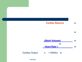 Cardiac Reserve   




                                       



                 (Stork Volume)        
                               cc
                  Heart Rate )         


Cardiac Output   x     = 5040cc   


      kamrani
 