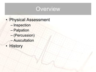 Overview Physical Assessment Inspection  Palpation (Percussion) Auscultation History  