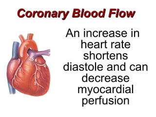 Coronary Blood Flow
       An increase in
          heart rate
           shortens
       diastole and can
          decrease
          myocardial
          perfusion
 