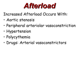 Afterload
Increased Afterload Occurs With:
• Aortic stenosis
• Peripheral arteriolar vasoconstriction
• Hypertension
• Polycythemia
• Drugs: Arterial vasoconstrictors
 