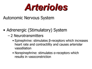 Arterioles
Autonomic Nervous System

• Adrenergic (Stimulatory) System
  – 2 Neurotransmitters
    • Epinephrine: stimulates β-receptors which increases
      heart rate and contractility and causes arteriolar
      vasodilation
    • Norepinephrine: stimulates α-receptors which
      results in vasoconstriction
 
