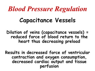 Blood Pressure Regulation
      Capacitance Vessels
Dilation of veins (capacitance vessels) =
  reduced force of blood return to the
      heart thus decreasing preload

Results in decreased force of ventricular
   contraction and oxygen consumption,
   decreased cardiac output and tissue
                 perfusion
 