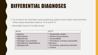 DIFFERENTIAL DIAGNOSES
• Try to search for reversible causes producing cardiac arrest rhythm and treat them.
These causes have been listed as "6 Hs and 6 Ts".
• Reversible Causes of Cardiac Arrest
Six Hs Six Ts
• Hypoxia
• Hypovolemia
• Hypothermia
• Hydrogen ions (acidosis)
• Hypokalemia/ hyperkaliemia
• Hypoglycemia
• Tamponade, cardiac
• Tension pneumothorax
• Toxins/tablets
• Thrombosis, coronary (myocardial
infarction)
• Thrombosis, pulmonary embolism
• Trauma
 