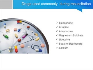 ü Epinephrine
ü Atropine
ü Amiodarone
ü Magnesium Sulphate
ü Lidocaine
ü Sodium Bicarbonate
ü Calcium
 